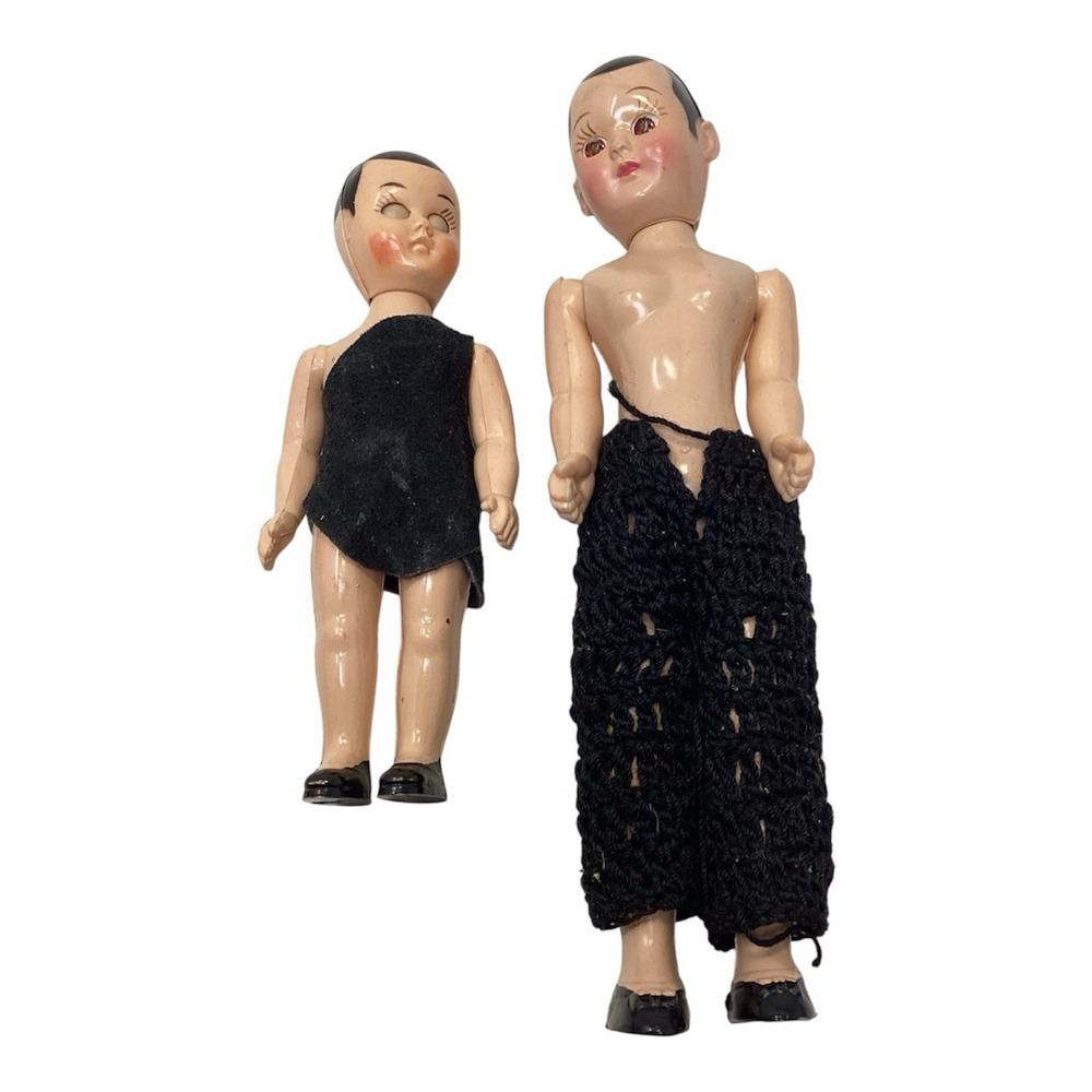 (2) Vtg Celluloid Androgynous Dolls Short Molded Black Hair Sleepy Eyes 5"& 7.5"